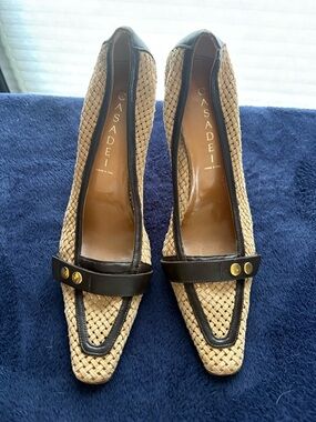 Casadei Natural Raffia Pointed-Toe Heels with Black Trim and Gold Studs